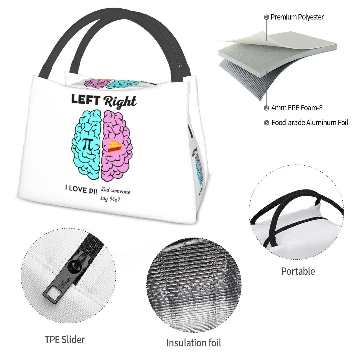 Left Right Brain Hemisphere Pi Pie Math Joke Insulated Lunch Bag Food Boxes Portable Container Cooler Thermal Lunch Box Tote
