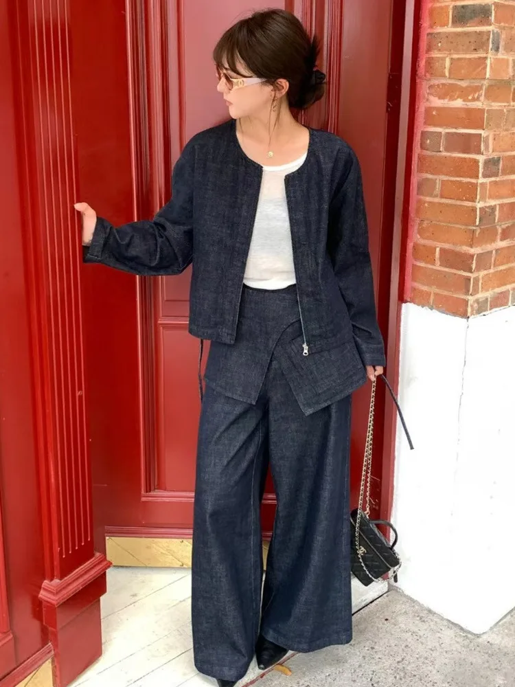 Setelan Denim WHTREND untuk Wanita Jaket Pendek Bertali Serut + Celana Panjang Kaki Lebar Set Tiga Potong Dapat Dilepas Musim Gugur Baru WH1625