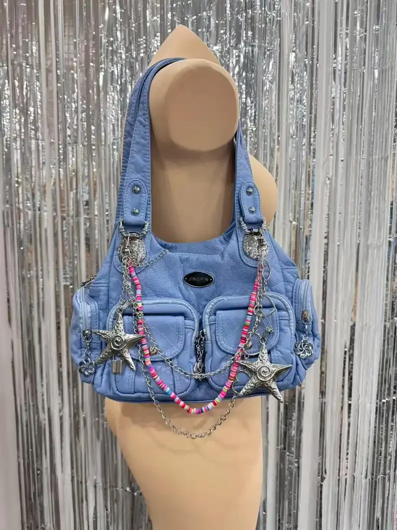 Star Charms Multi Pocket Shoulder Purse Chain Bag Blue Punk Hobo Bag