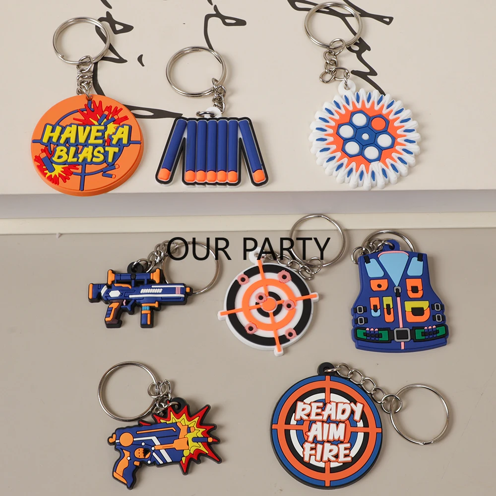 8Pcs Shooting Darts Theme PVC Keychain Ready Aim Fire Backpack Pendant for Boy Birthday Party Favors Goodie Bag Pinata Fillers