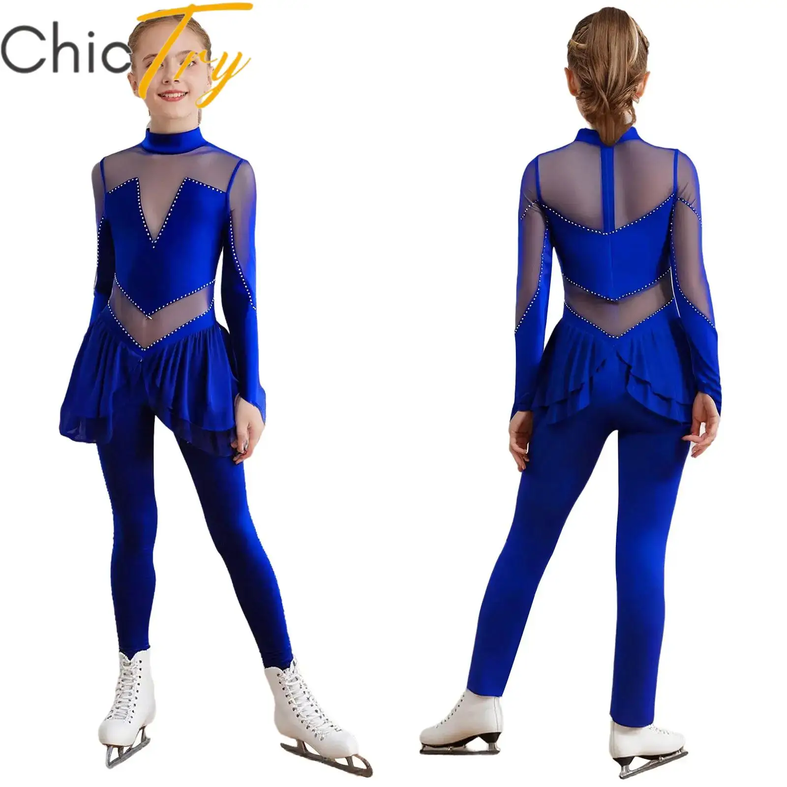 

Childrens Ballet Gymnastics Dance Jumpsuit Figure Skating Performance Costume Girls Mock Neck Long Sleeve Sheer Mesh Rhinestones