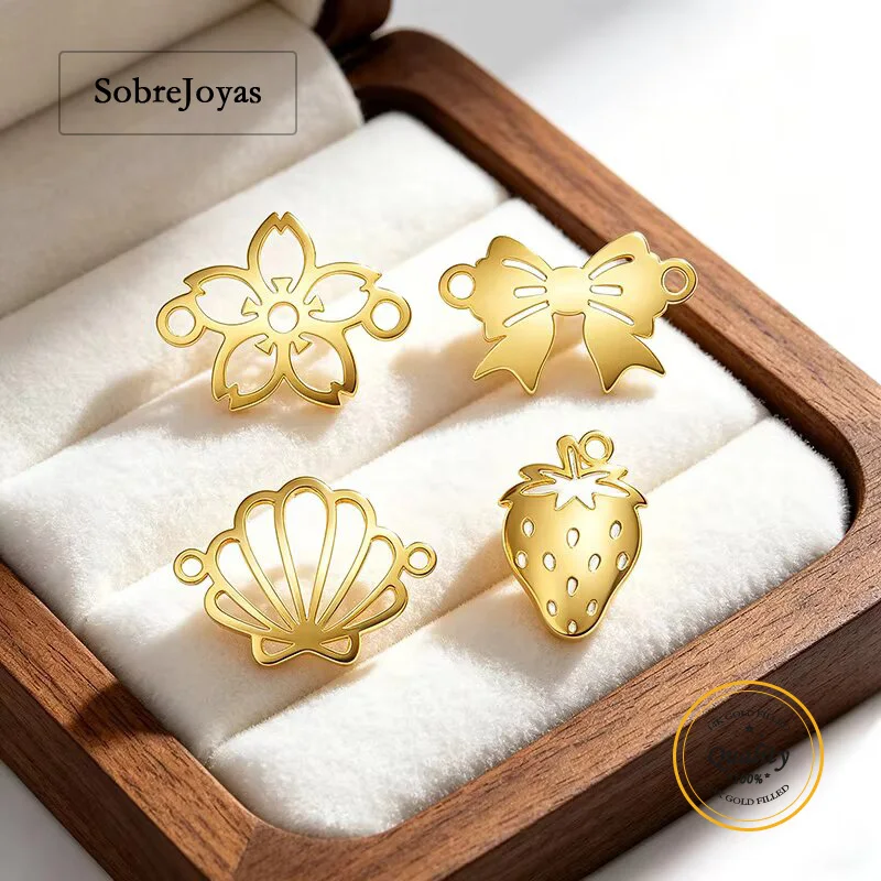 14K Gold Filled Strawberry Flower Bow Seashell Silhouette Connector Pendant Charm for DIY Jewelry Making