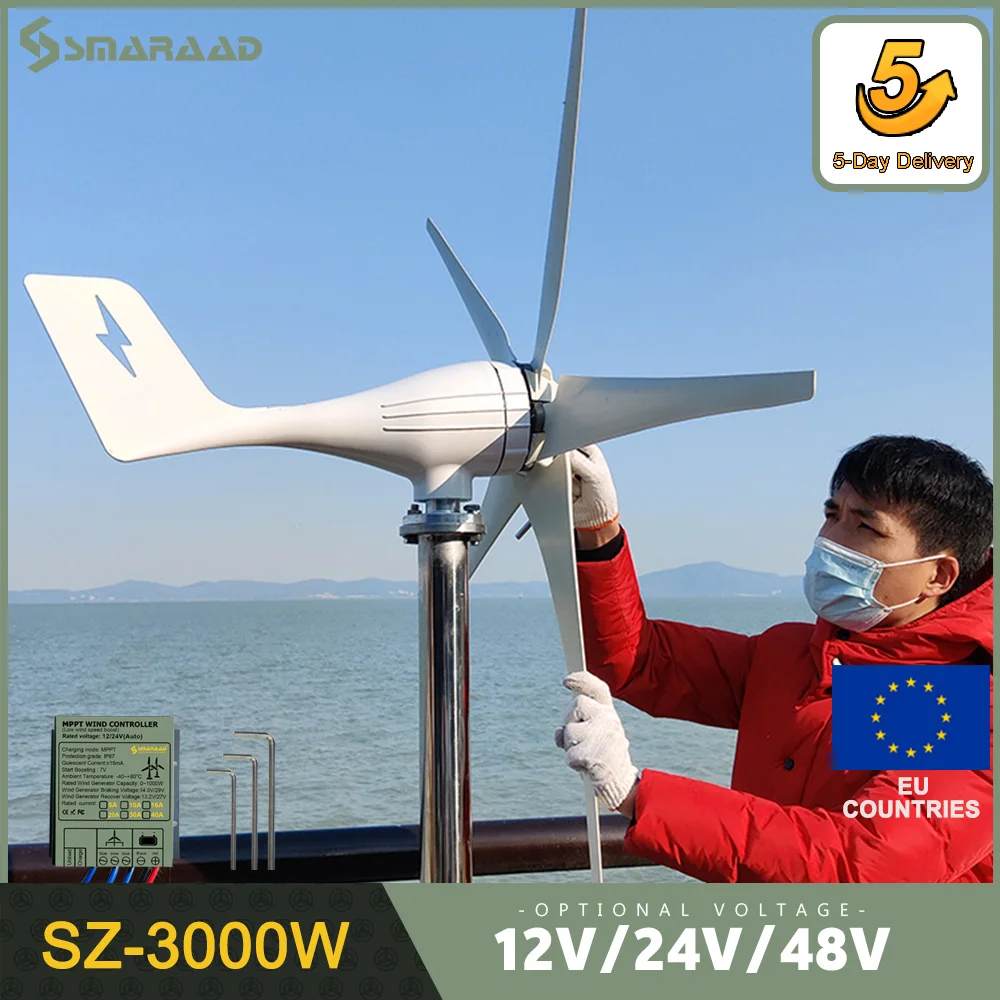 3000W Horizontal Wind Turbine Generator Windmill With Free MPPT Charger Controller Solar Panel Off Grid Inverter High Efficiency