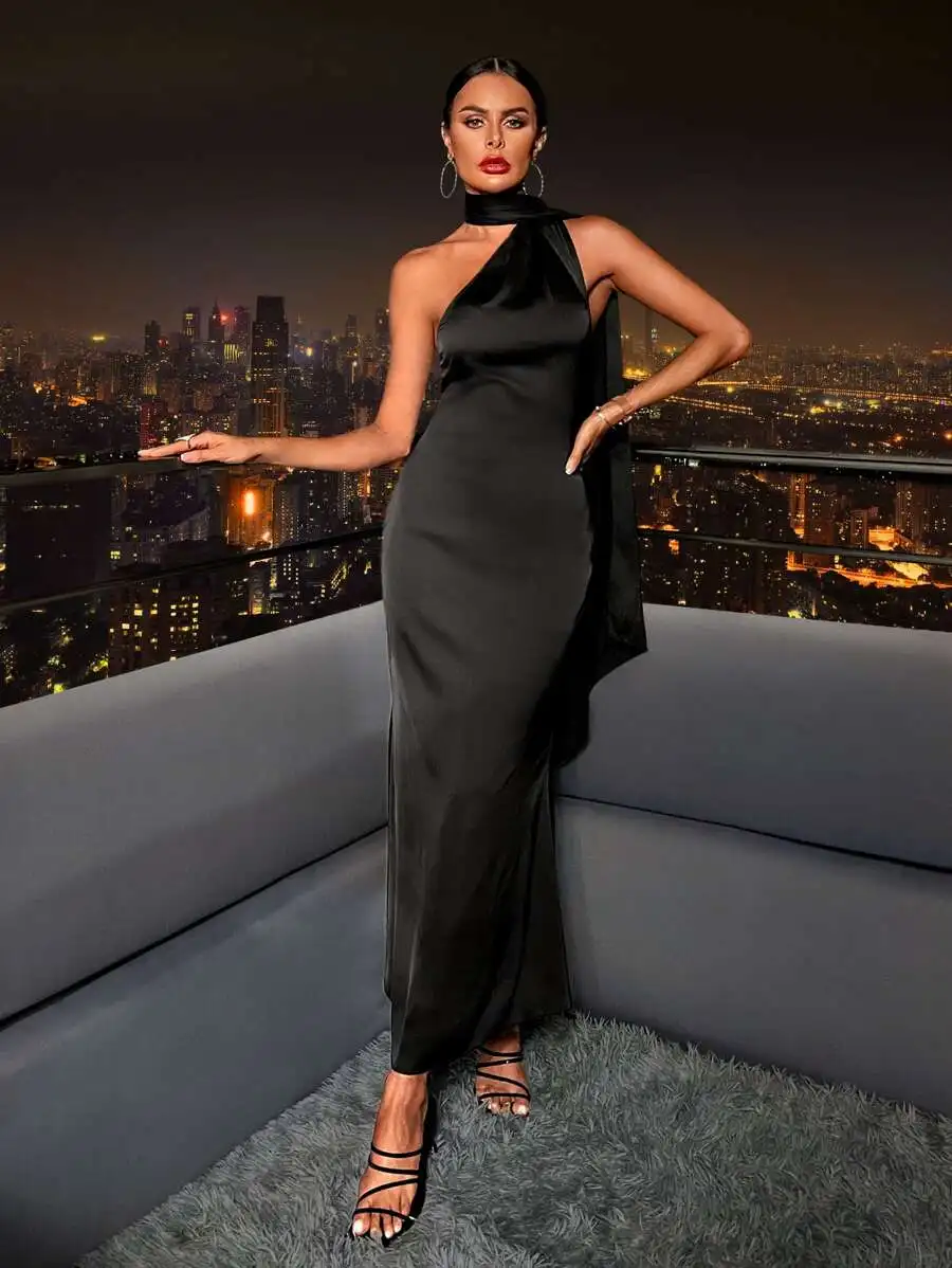 Elegante Vestido de Noche de Satén Asimétrico con Escote Drapeado y Espalda Descubierta, Negro, Formal, para Graduación, Boda, Invitada