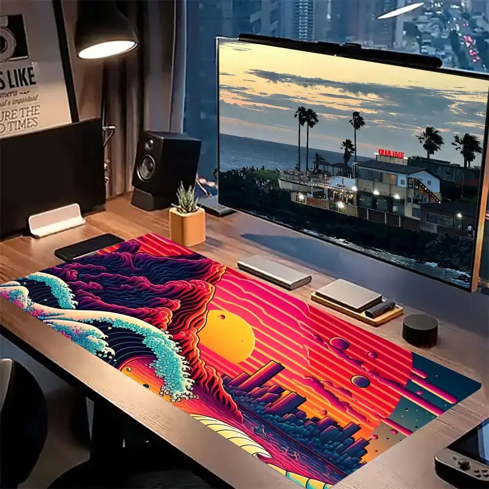 

Ретро футуристический японский храм коврик для мыши — киберпанк-самурай и плавающий корабль, игровой коврик для мыши с ярким красным кленовым кленовым покрытием