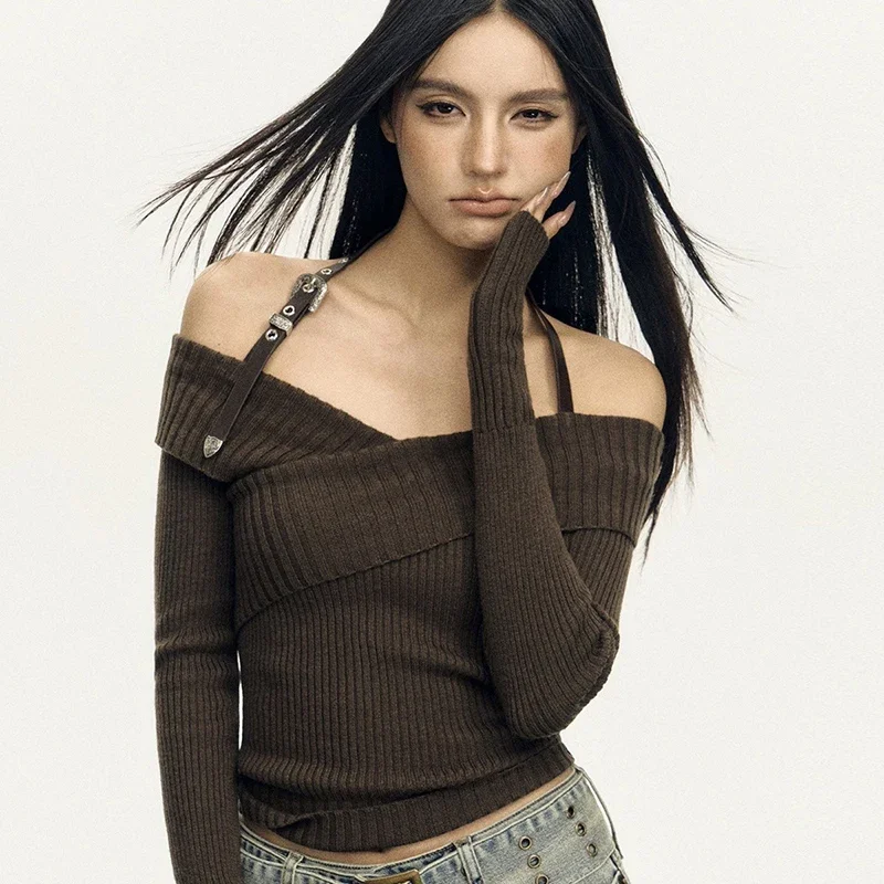 سترة نسائية مكشوفة الأكتاف من MEXZT Y2K بلوفرات محبوكة مثيرة مقصوصة هاراجوكو عتيقة برقبة مائلة ملابس تريكو شتوية #2