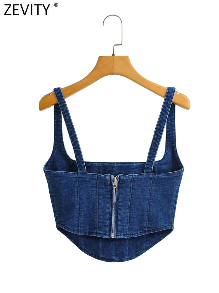 Zevity Women Sexy Blue Elastic Denim Sling Blouse Female Summer Back Zipper Slim Short Smock Shirt Chic Crop Blusas Tops LS2543