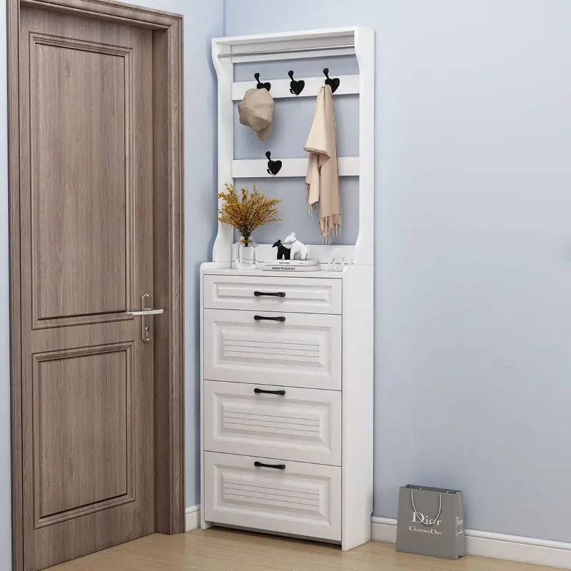 Flip bucket shoe cabinet, super narrow and high design with drawers,  and door storage cabinet at the entrance of household use