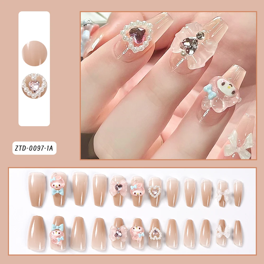 24Pcs Kawaii Miniso My Melody False Nails Heart/Bow Rhinestones Christmas Full Cover Press On Nail Cute Handmade Fake Fingertips