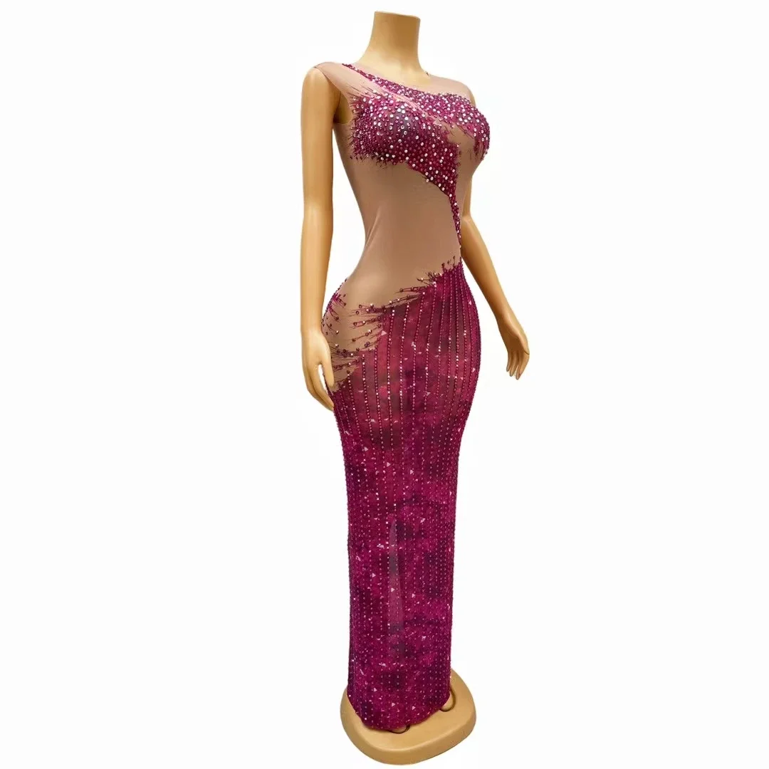 Pink Crystal Rhinestone Sleeveless Women Long Dress Stage Performance Costumes Fashion Sexy Lady Slim Fit Dress Party Prom Gowns