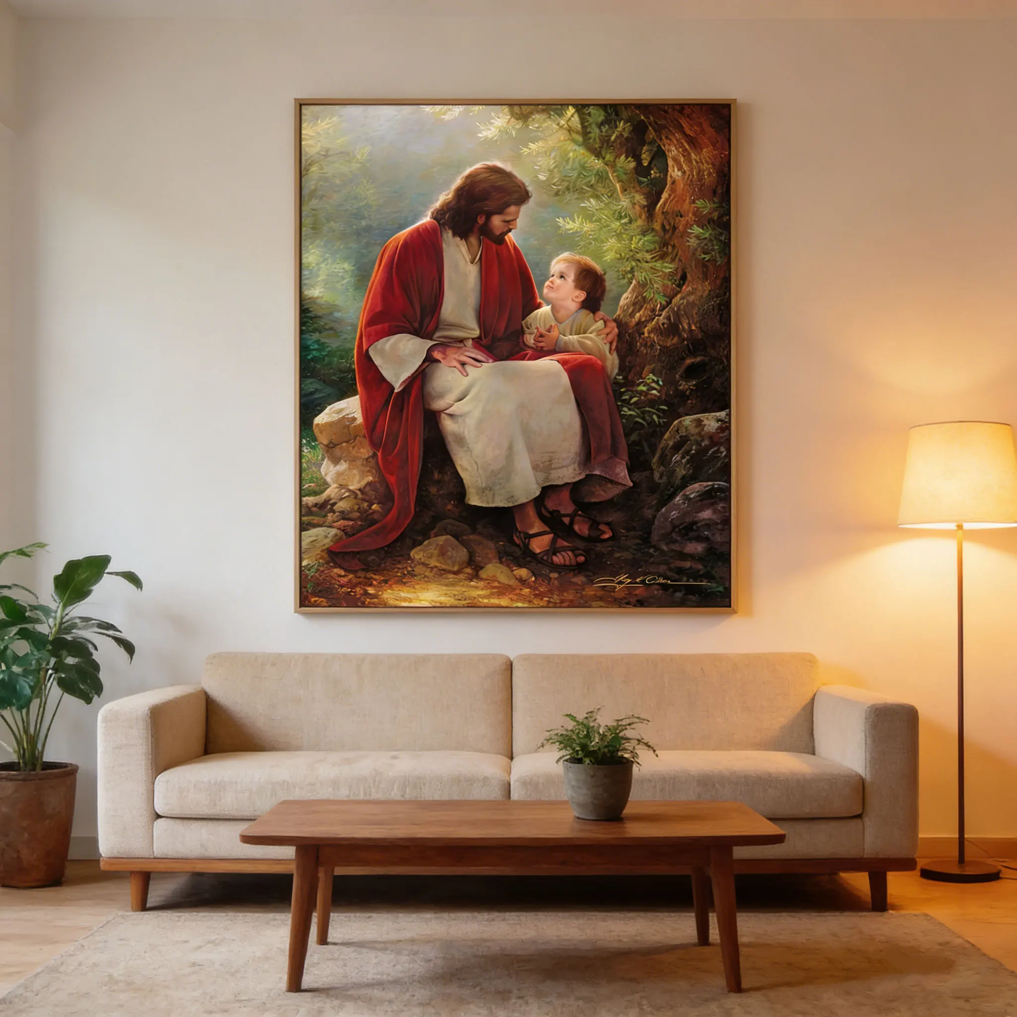 Ruhiger Jesus und das Kind – Religiöser Wanddruck als Dekoration – Warmes christliches Kunstwerk für ein gemütliches Wohnzimmer, Friedliches Schlafzimmer-Wandbild