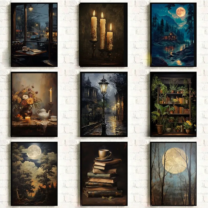 Dark Academia Candles Bookcase Plants Coffee Cup Posters Prints Canvas Painting Wall Art Vintage Pictures for Room Home Decor