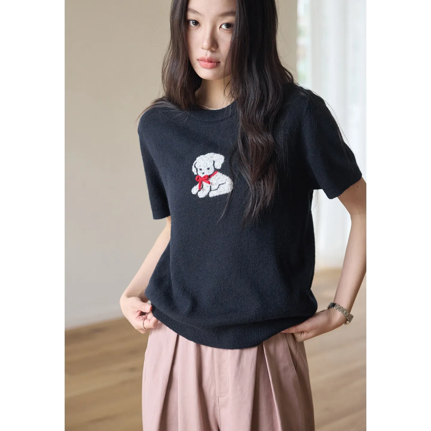 Bow puppy Jacquard short sleeve spring and autumn slim casual thin cashmere sweater T-shirt