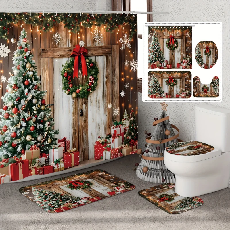 [Open JIT]1/4pcs christmas winter set tree gift wood by farmhouse rustic red shower curtain waterproof polyheste