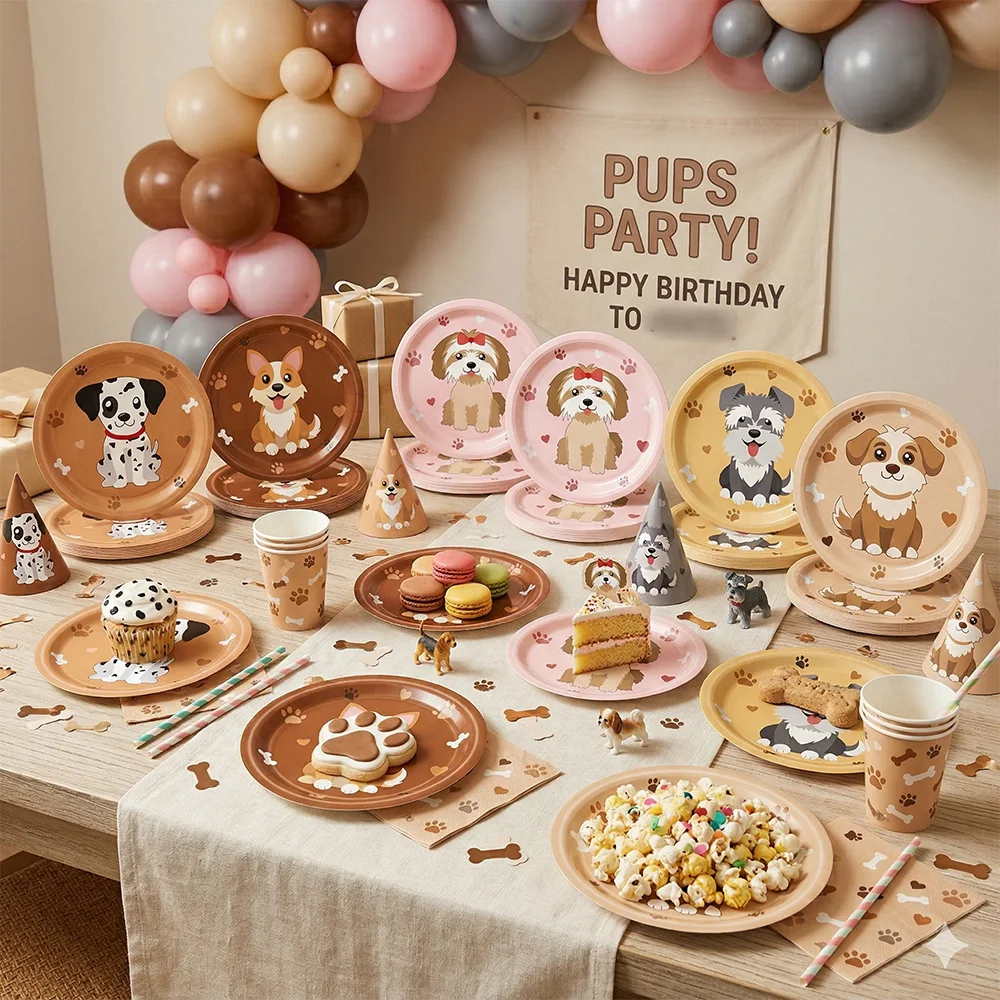 Niedliche Hundepfoten Pappteller Einweggeschirr Happy Birthday Party Zubehör Baby Shower Kinder Tier-Themen Deko-Set – Detail 2
