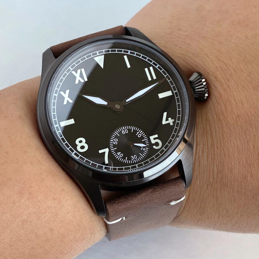 Tandorio 42mm 6497 Movement Hand Winding Mechanical Men Watch Black PVD Case Sapphire Glass Luminous Vintage Pilot Watch Leather