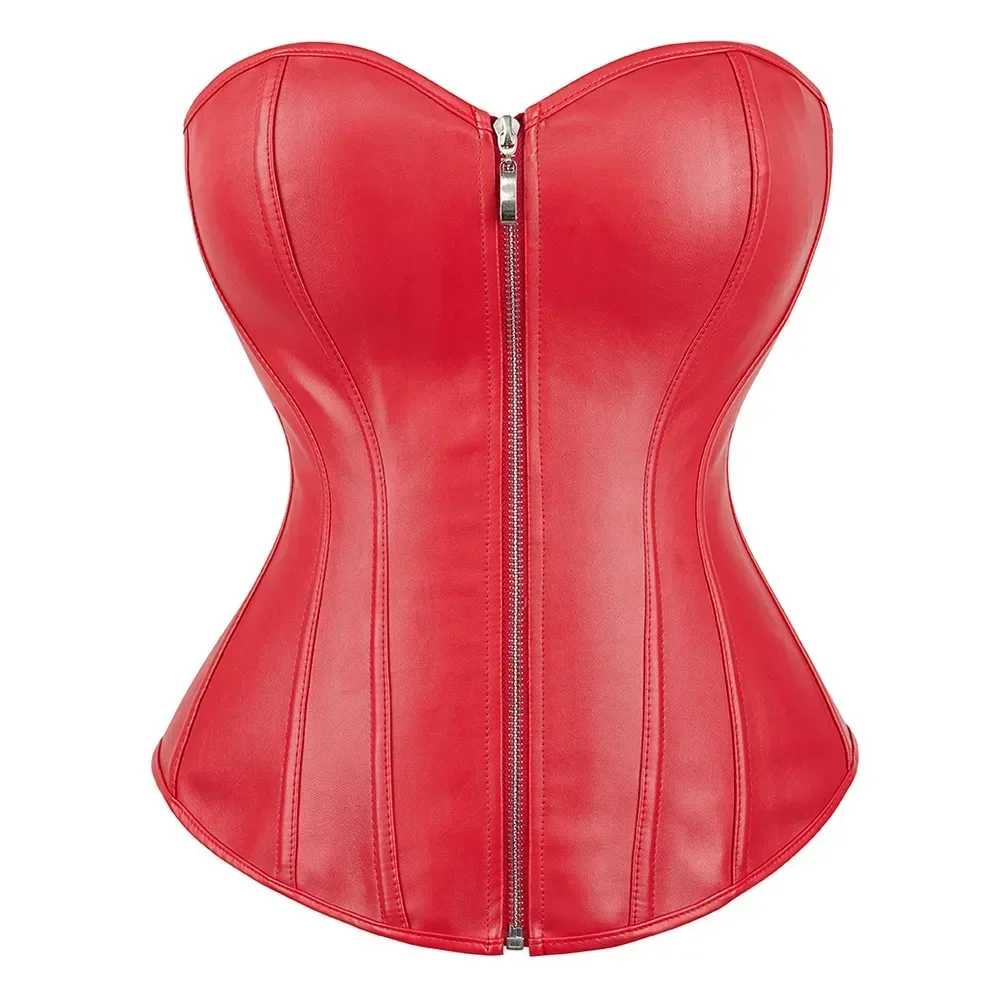 Classic Faux Leather Overbust Corset Top with Zip Women Gothic Steampunk Waist Trainer Bustier Vintage Corselet Sexy Clubwear