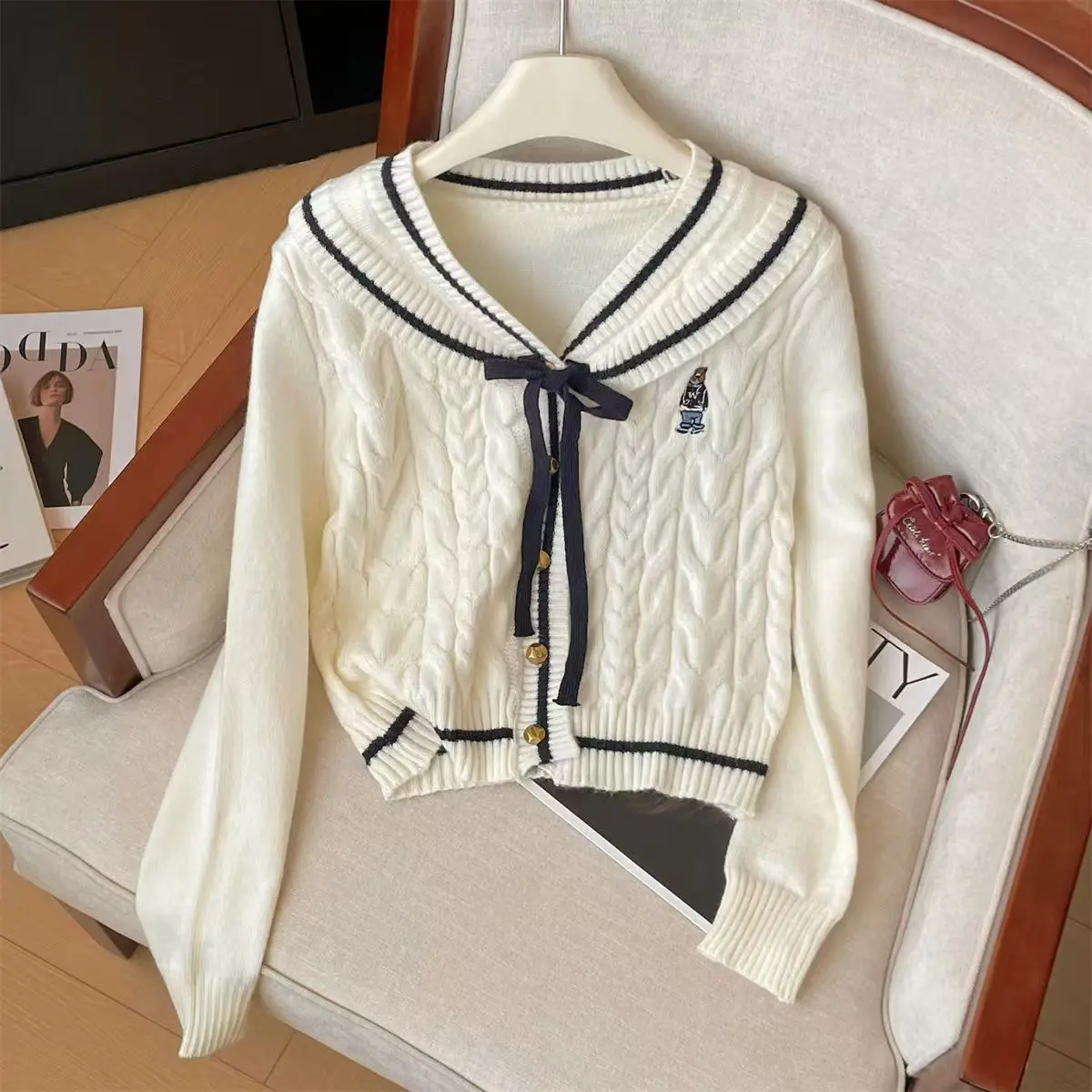 Sailor Collar British Style Bow CardigansTwists Knitted Sweater Women Coats Long Sleeve Autumn Winter College Korean Sweater New