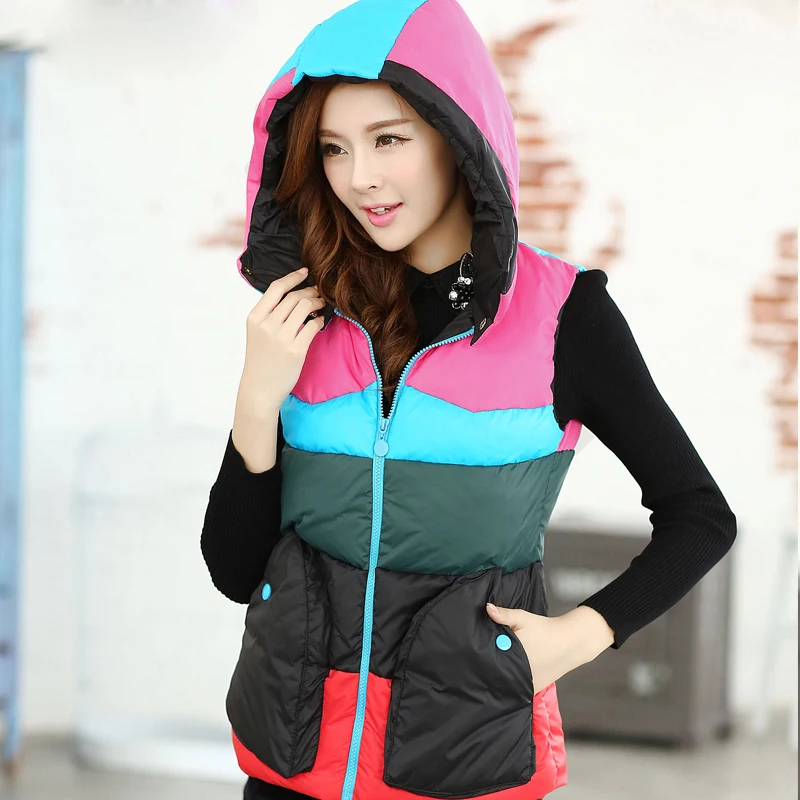 Women's Winter Stand Collar Sleeveless Hooded Vest Thick Warm Fashion Rainbow Cotton Jacket Lady-overcoat