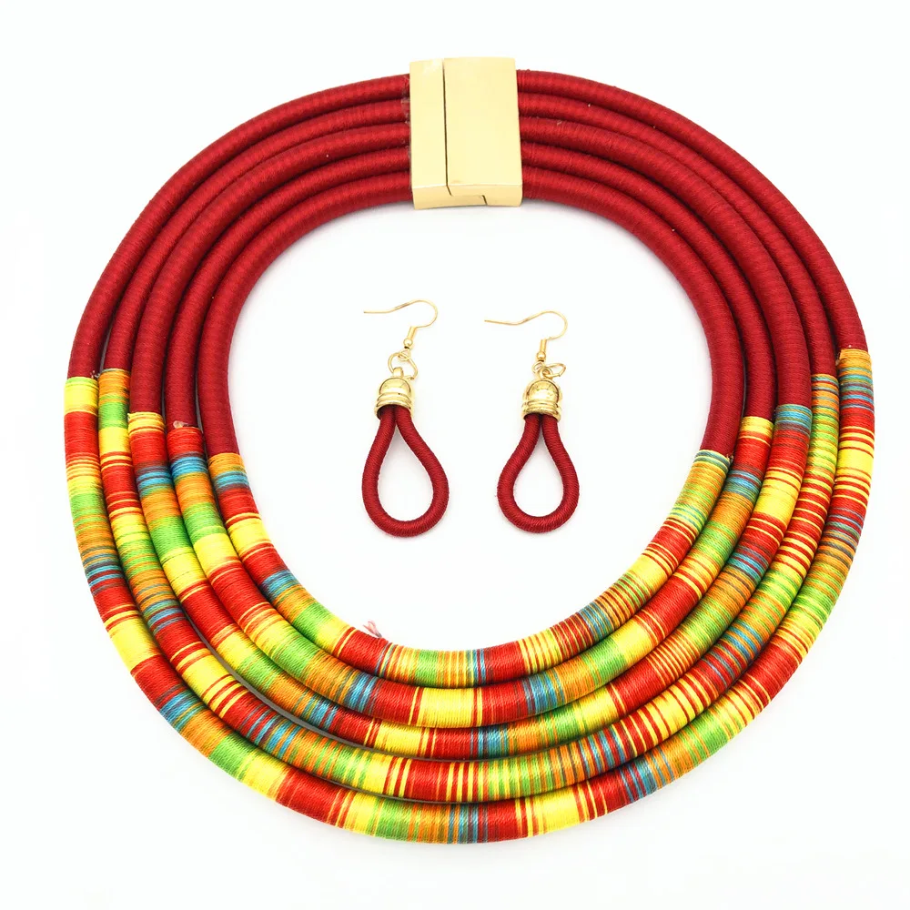 African Multilayer Rope Magnetism Button Boho Jewelry Choker Necklace Earrings Women Bib Collar Statement Necklace Jewelry Sets