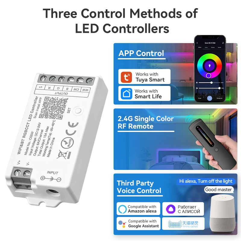 Smart WiFi Bluetooth RGB RGBW LED Controller 16M Colors 2700 6500K CCT 5A Music Sync Voice Control App Remote Tuya Smart Life