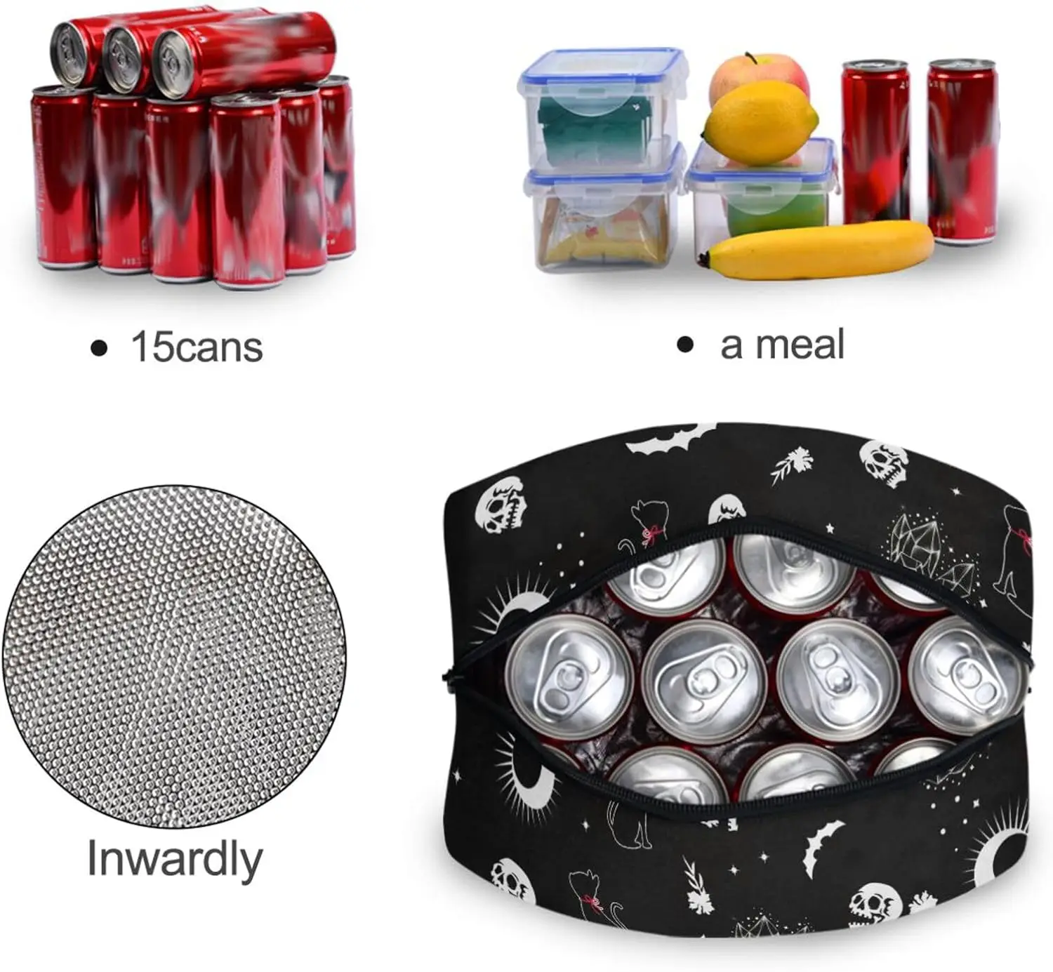 Isolierte Lunchtasche mit Totenkopf-Motiv, Katze und Mond, Gothic, für Reisen, Picknick, langlebige Taschen, Einkaufsbox für Frauen, Büro, Arbeit, Schule, Picknick, Wandern