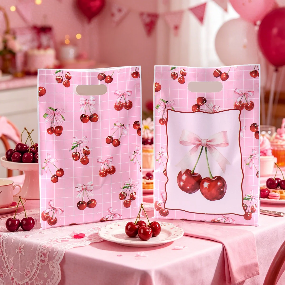 10/20/50 Stück rosa Kirsch-Geschenktüten mit gemischtem Kirschdesign, Plastik-Süßigkeitentüten für Hochzeit, Brautparty, Geburtstagsfeier – Detail 9