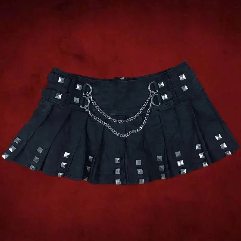 2000s Vintage Fashion Spice Women Zipper Sexy Punk Street Pleated Miniskirt Gothic Trend INS Summer Rivet Chain Decorative Skirt
