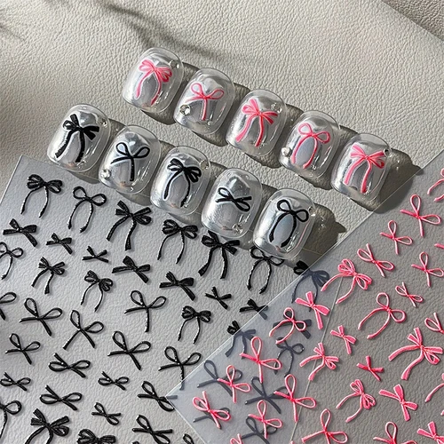 Imagen 2 del producto 1 unidad de pegatinas autoadhesivas para decoración de uñas con lazo en relieve blanco, rosa y negro, Mini calcomanías decorativas para manicura Vintage