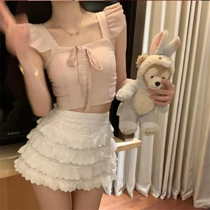 

Japanese JK Cute 2 Pieces Ruffles Bow Camis Top&White Mini Lace Cake Skirt Sweet 2pc Sets Fashion Harajuku Girl 2pc Skirt Suits