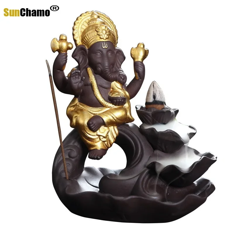 Backflow Incense Burner Base Purple Sand Indian Elephant Head God Ganesha Sitting Lotus Indoor Fortune Day 10.5x13.8cm, Hot Sell