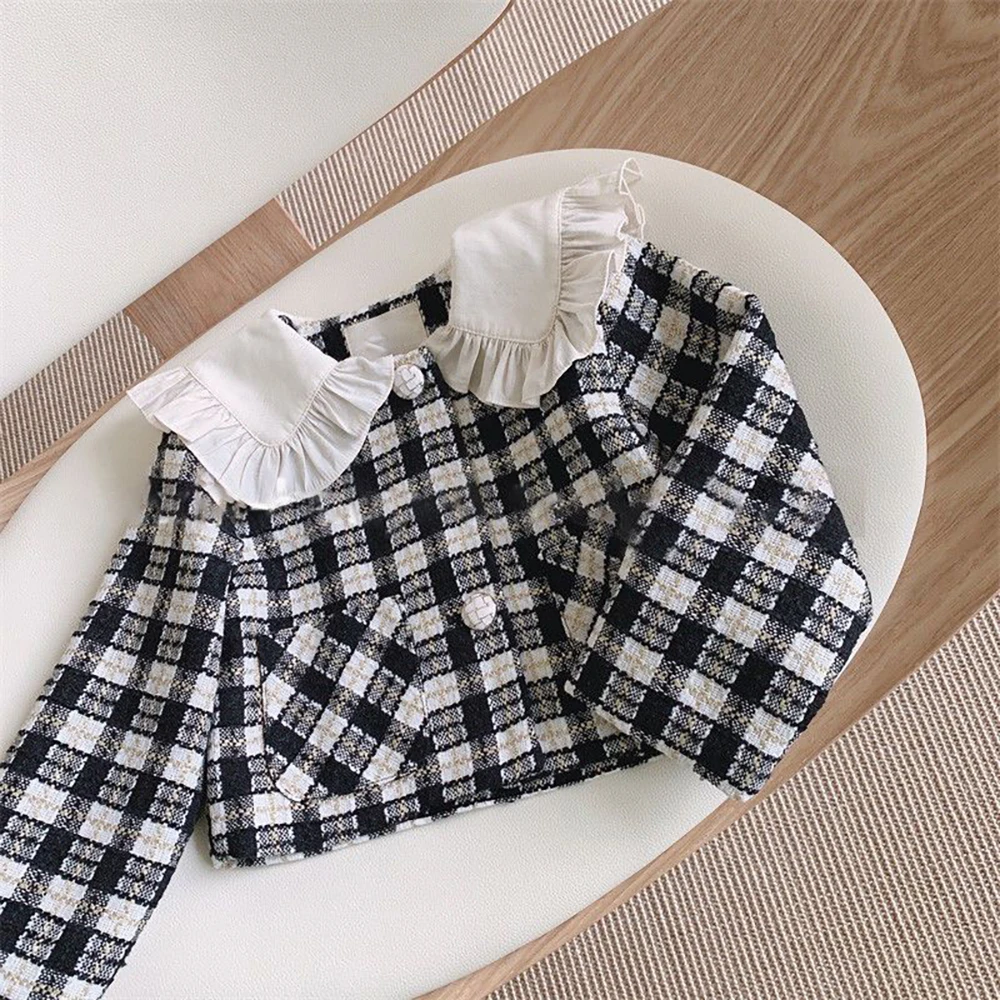 Children's Clothing Sets 2023 Spring Autumn Girls Doll Neck Fashionable Thousand Bird Checker Woolen Coat Pleated Skirt 2Pcs Set