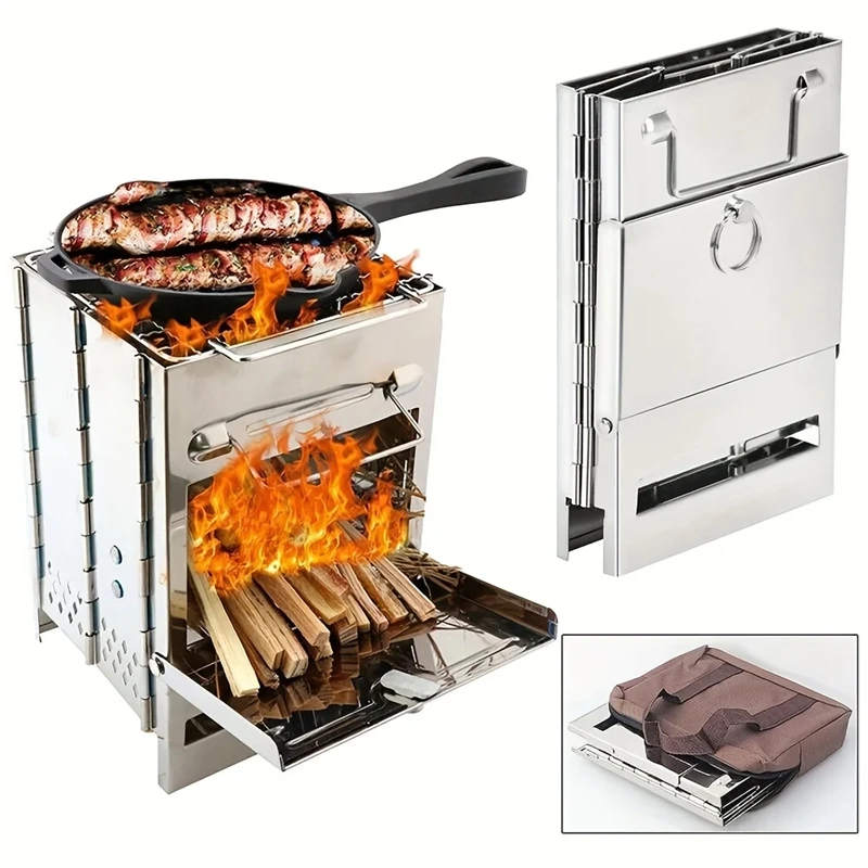 

Outdoor Wood Stove Portable Foldable Stainless Steel Camping Stove With Mini Charcoal Grill Lightweight Barbecue Grill