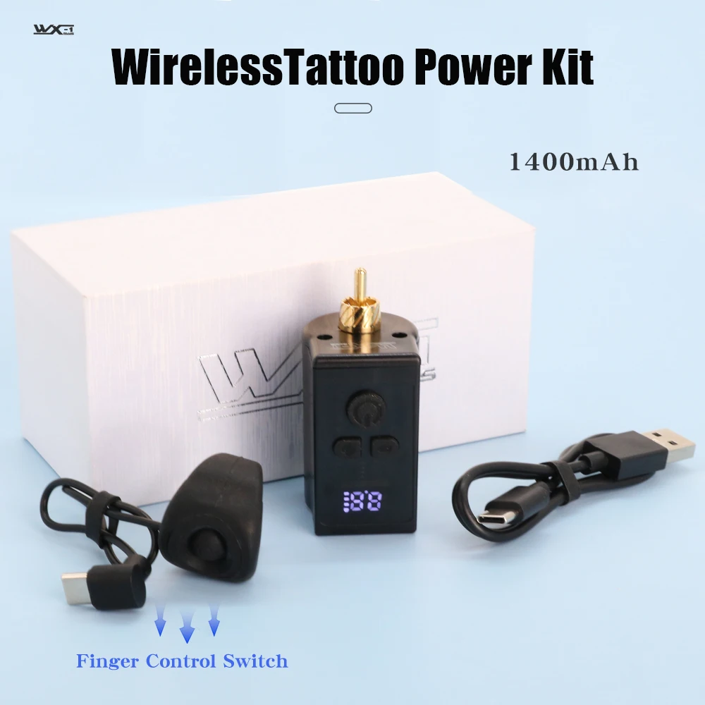 Fonte de alimentação sem fio com anel interruptor, tela digital, fonte de bateria portátil, máquina de tatuagem, canetas rotativas, 1400 mAh, RCA, WX-1