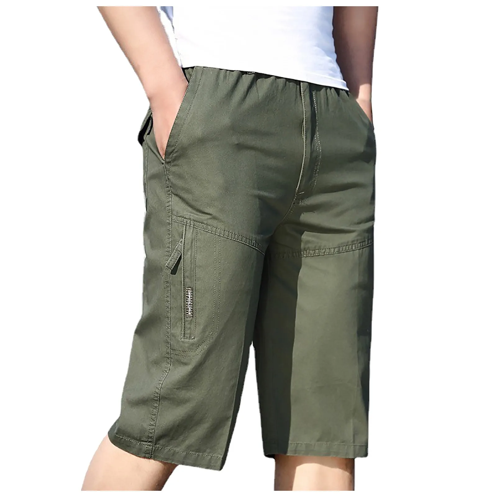 Men'S Fashion Button Shorts Outdoors Causal Sports Straight Cargo Shorts With Pockets Elastic Waist Solid Color Overalls