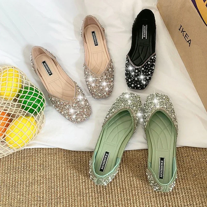 Glitter Crystal Pearl Studs Ballet Shoes Women Square Toe Slip on Loafers Cozy Shallow Cut-out Ballerina Flats Moccasins Female