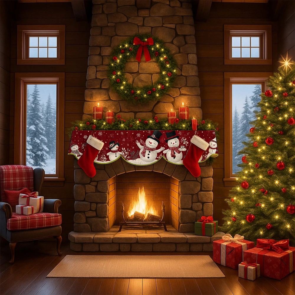 VIKAMA Red Christmas Fireplace Mantel Runner Snowman Winter Foliage Print Scalloped Mantel Scarf For Holiday Decor