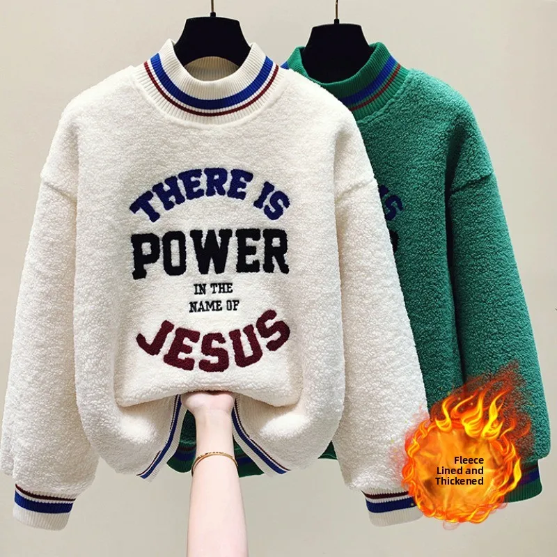 

Thiened Fce Women's Sweatirt f-High Collar Embroidered American Sle Autumn Winter Outerwear Casual Streetwear