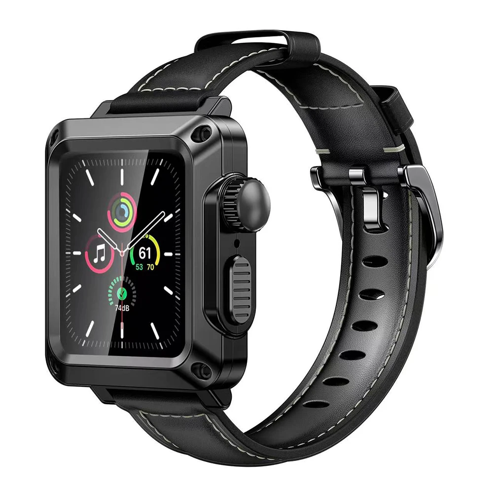 Leather Strap + Metal Case for Apple Watch Serise 6 5 4 SE 44mm 40mm 2 in 1 Drop-proof Glass Case for iWatch 3 2 42mm 38mm Strap