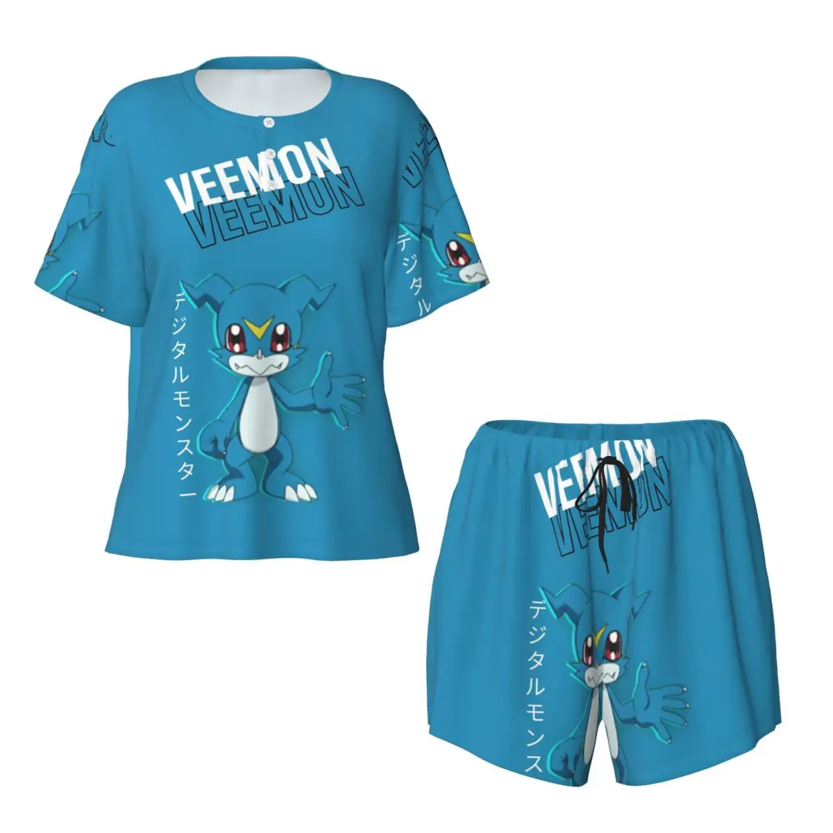 

Veemon Digimon Round Neck Short Sleeves Nightdress for Sleeping Sleepshirts Women Loose Pajama Set Short Pants