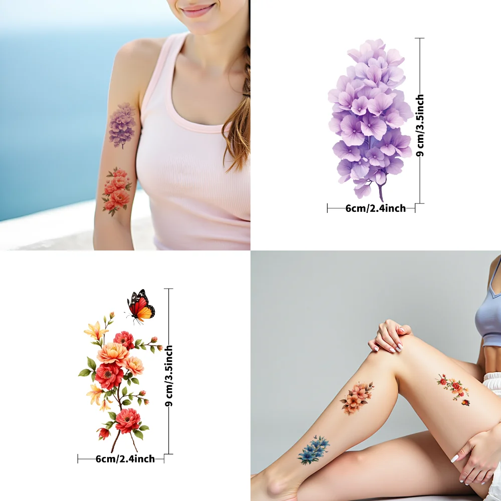 9 قطعة الوشم المؤقت الأزهار مقاوم للماء طويلة الأمد ارتفع فراشة الفاوانيا زهرة الجسم ملصق الكبار لصاقات وشم لساق الذراع
