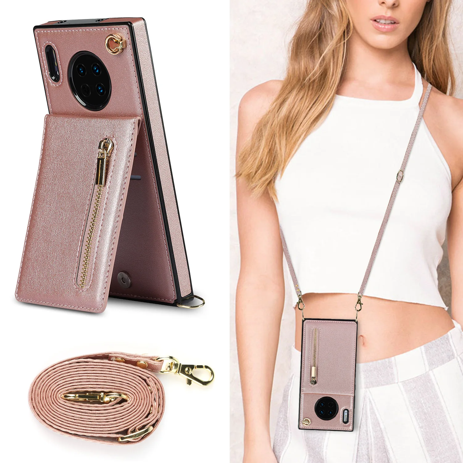 Zipper Wallet For P30 Pro P40 Lite Mate40 Mate30 Mate20 Case With Card Holder Lanyard Strap Crossbody Leather Cover Soft