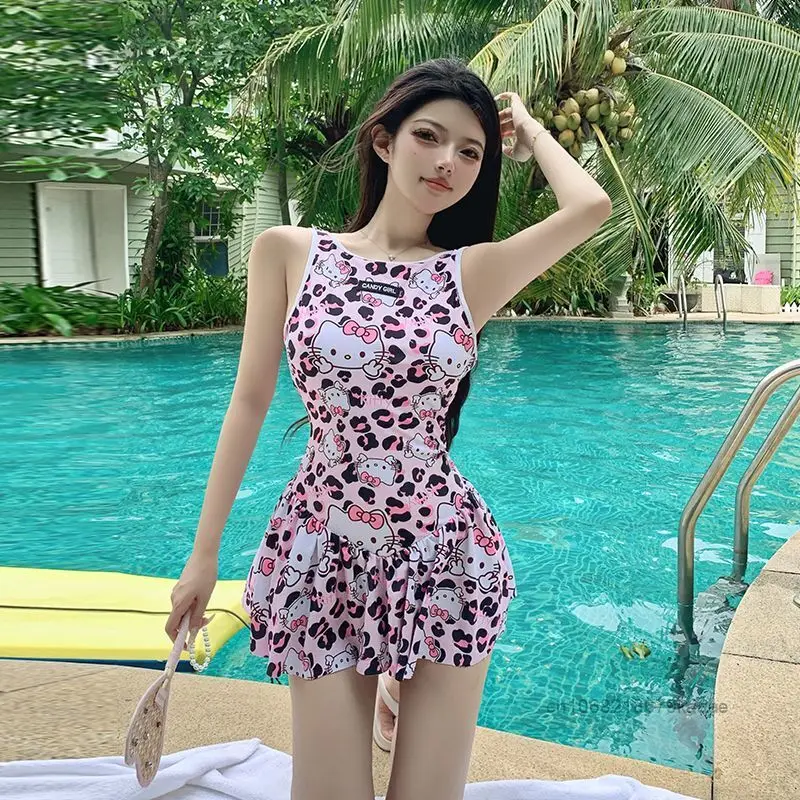 Sanrio Hello Kitty Sweet Y2k Girl One-piece Swimsuit Holiday Hot Spring Cute Cartoon Print Swimwear Korean Style Trendy Swimsuit