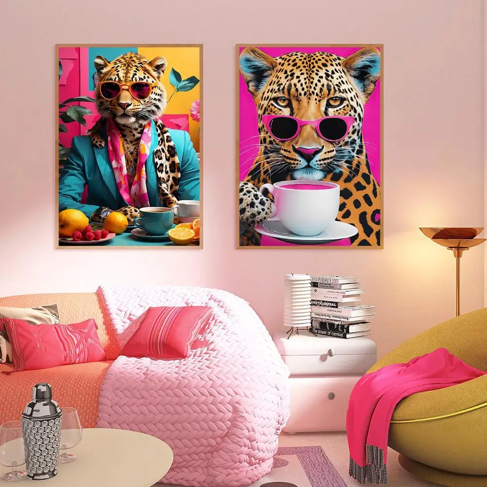 Leopard Coffee HD Wall Art Poster Colorful Animal Painting Dopamine Decor Modern Living Room Bedroom Home Gift