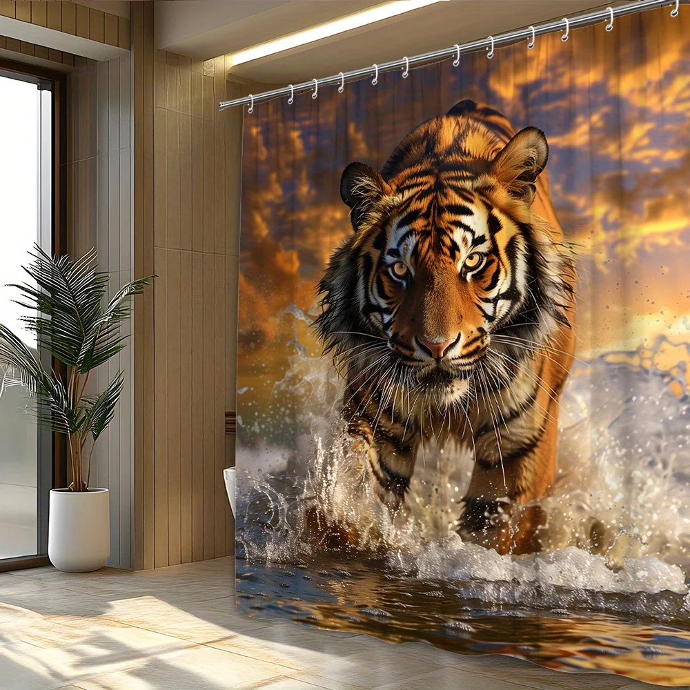 1pc Bengal Tiger Pounce Shower Curtain - Vibrant Orange & Black Stripes, Intense Amber Eyes, Dynamic Water Splash Design, Polyes