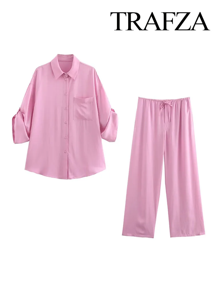 TRAFZA Women Fashion Suits Pink Turn Down Coller Half Sleeves Single Breasted Shirts+Mid-Waist Lace-Up Wide Leg Pants Female Set