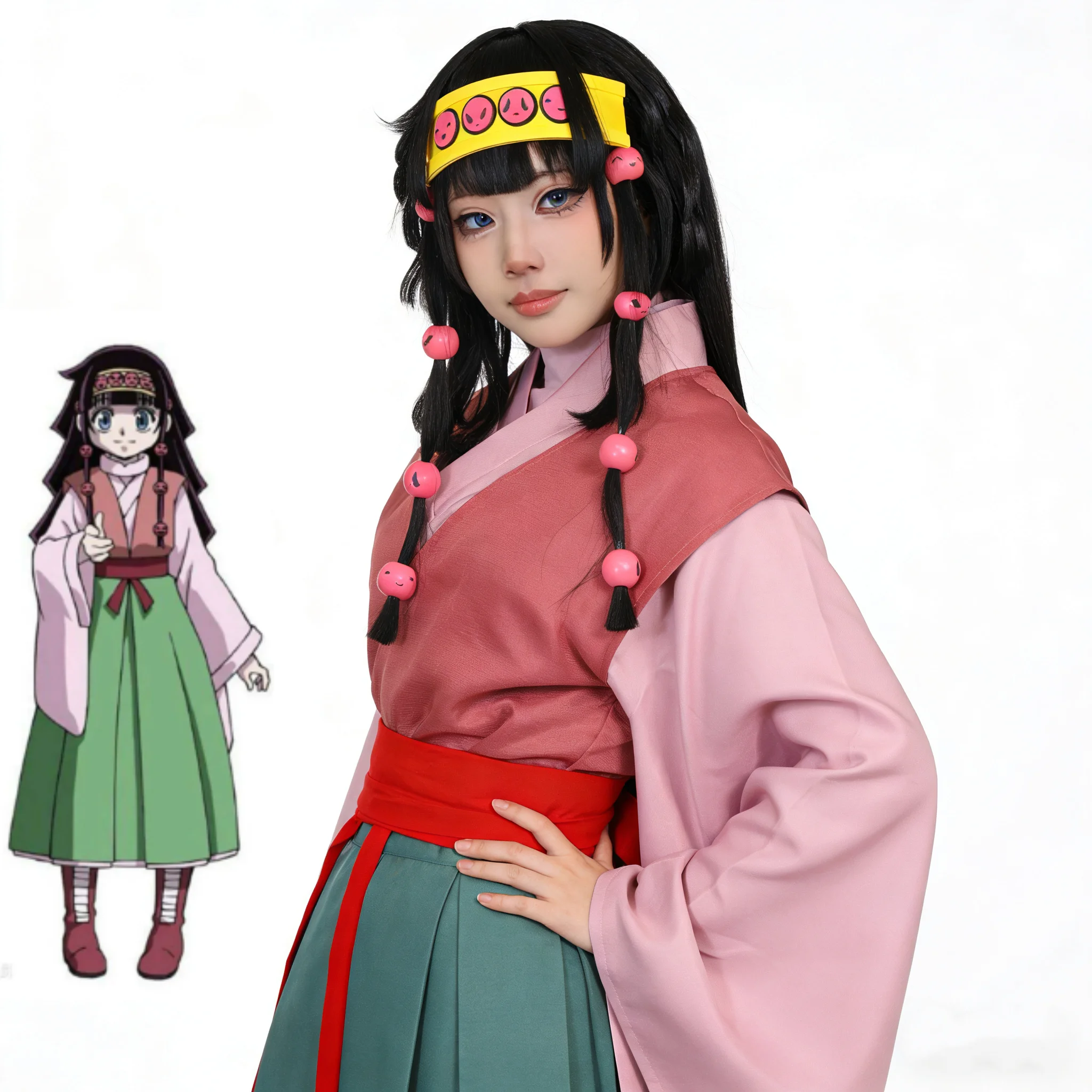 Anime Alluka Zoldyck Cosplay Costume Pink Green Japanese kimono Wigs Full Set Halloween Party Role Play Dressing