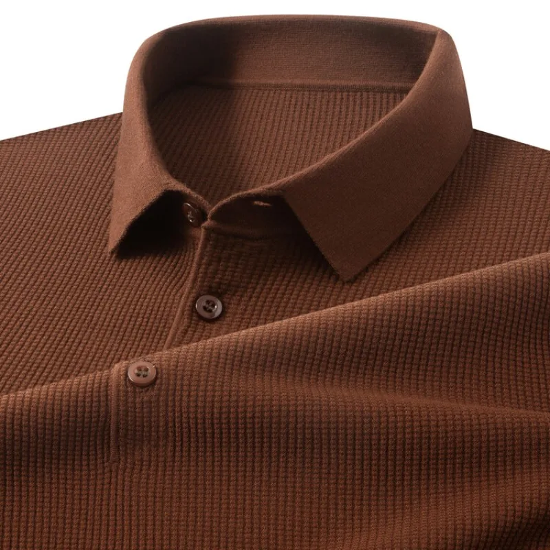 Men's Thin Knit Short Sleeve Polo Shirt, Rayon Blend Fabric, Soft Touch, Business Casual Style, Dark Brown, Slim Fit Top