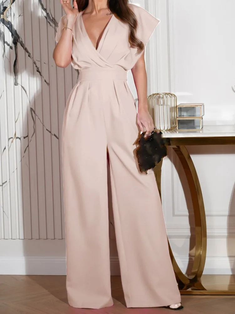 

New Casual Fashion Woman Jumpsuits Summer Solid Color Short Sleeve Pants V-Neck Waist Slimming Jumpsuit Women's Clothing