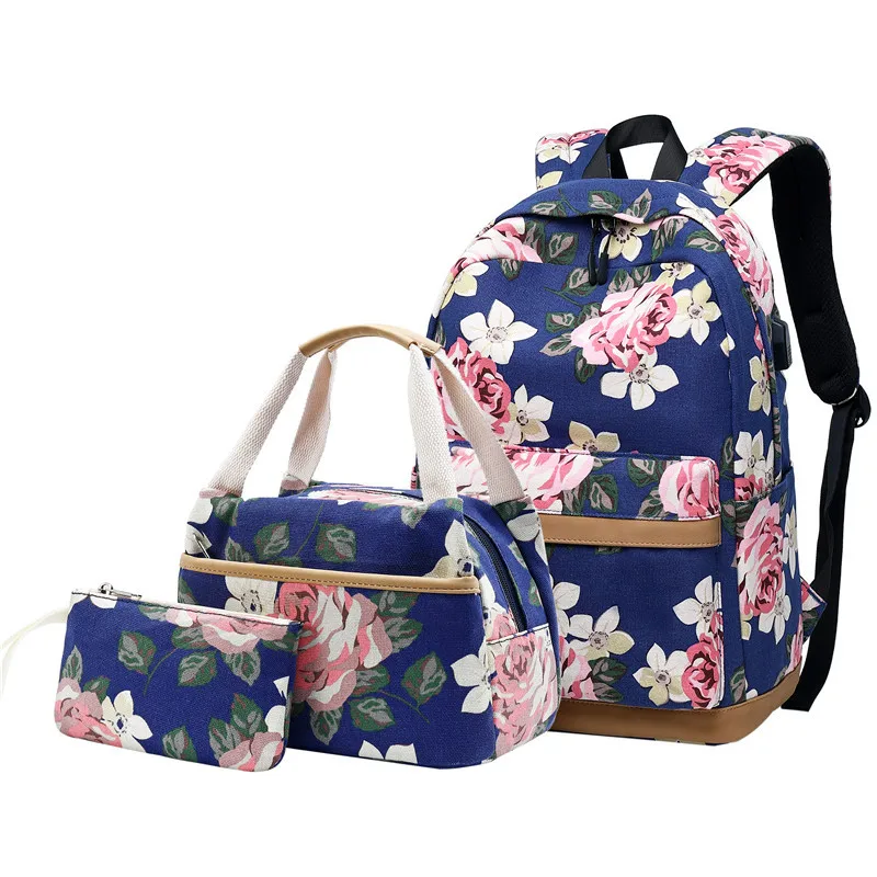 Sac à dos d'école en toile avec chargeur USB pour filles, 3 pièces/ensemble, sac d'école à la mode pour écoliers avec étui à crayons